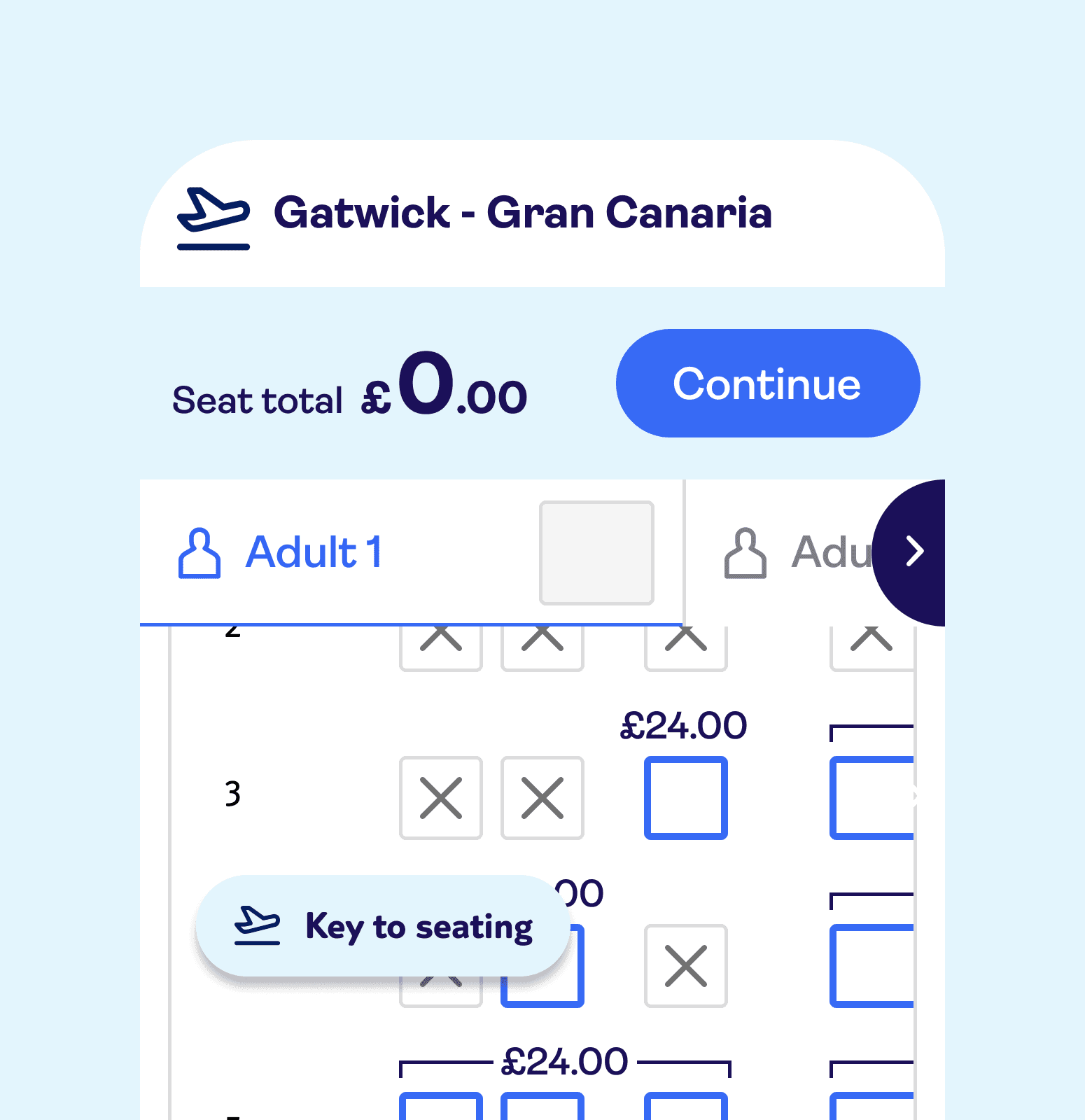 Example showing the seating key as a floating action button obstructing the view and selection of seats.