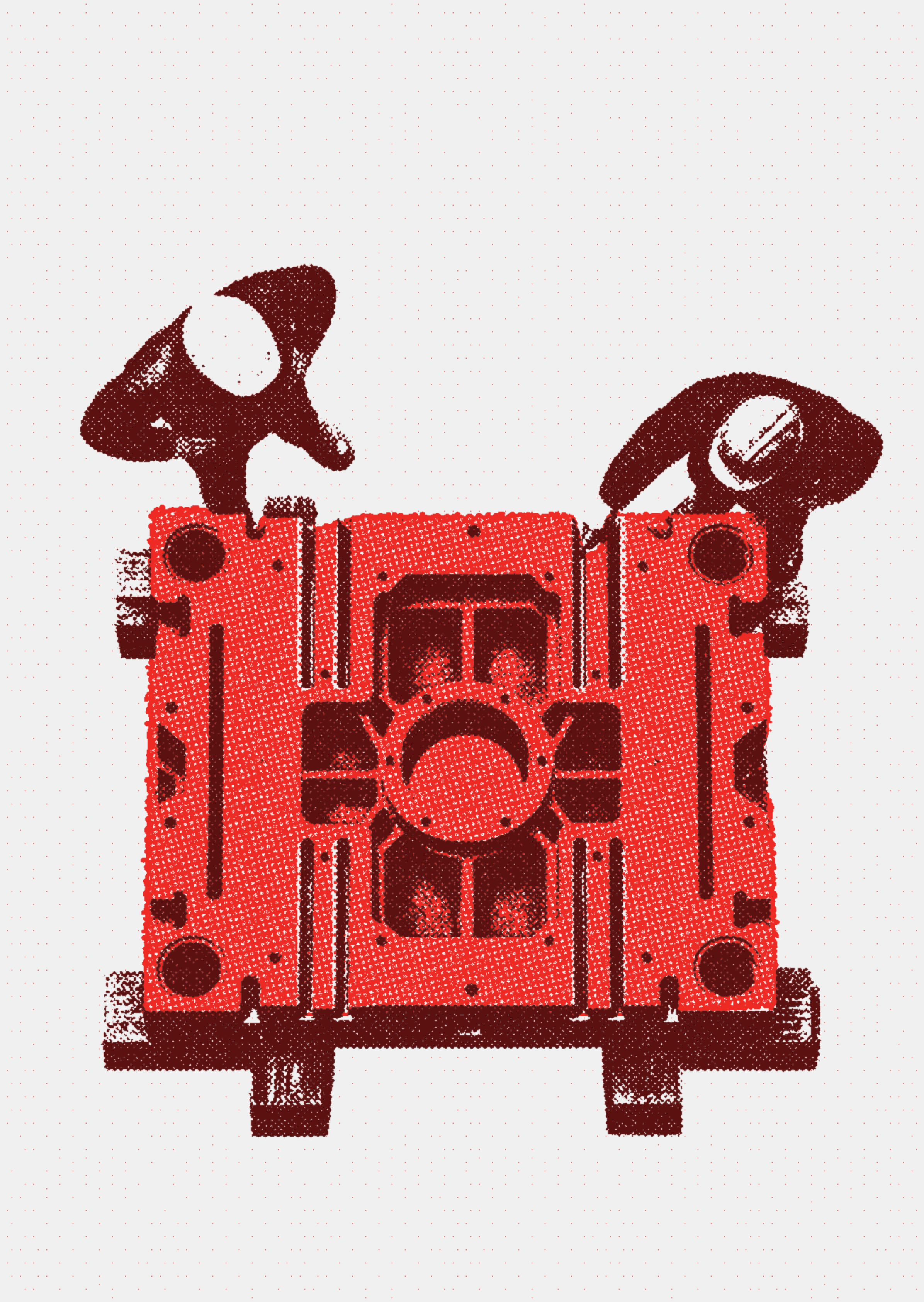 Workers inspecting a machined casting mold from above