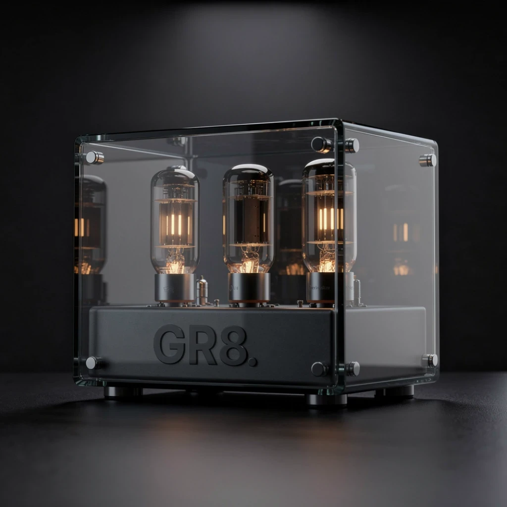 Abstract AI photography of vintage audio amplifier and mixing console, analog knobs, cinematic lighting, high-end product photography