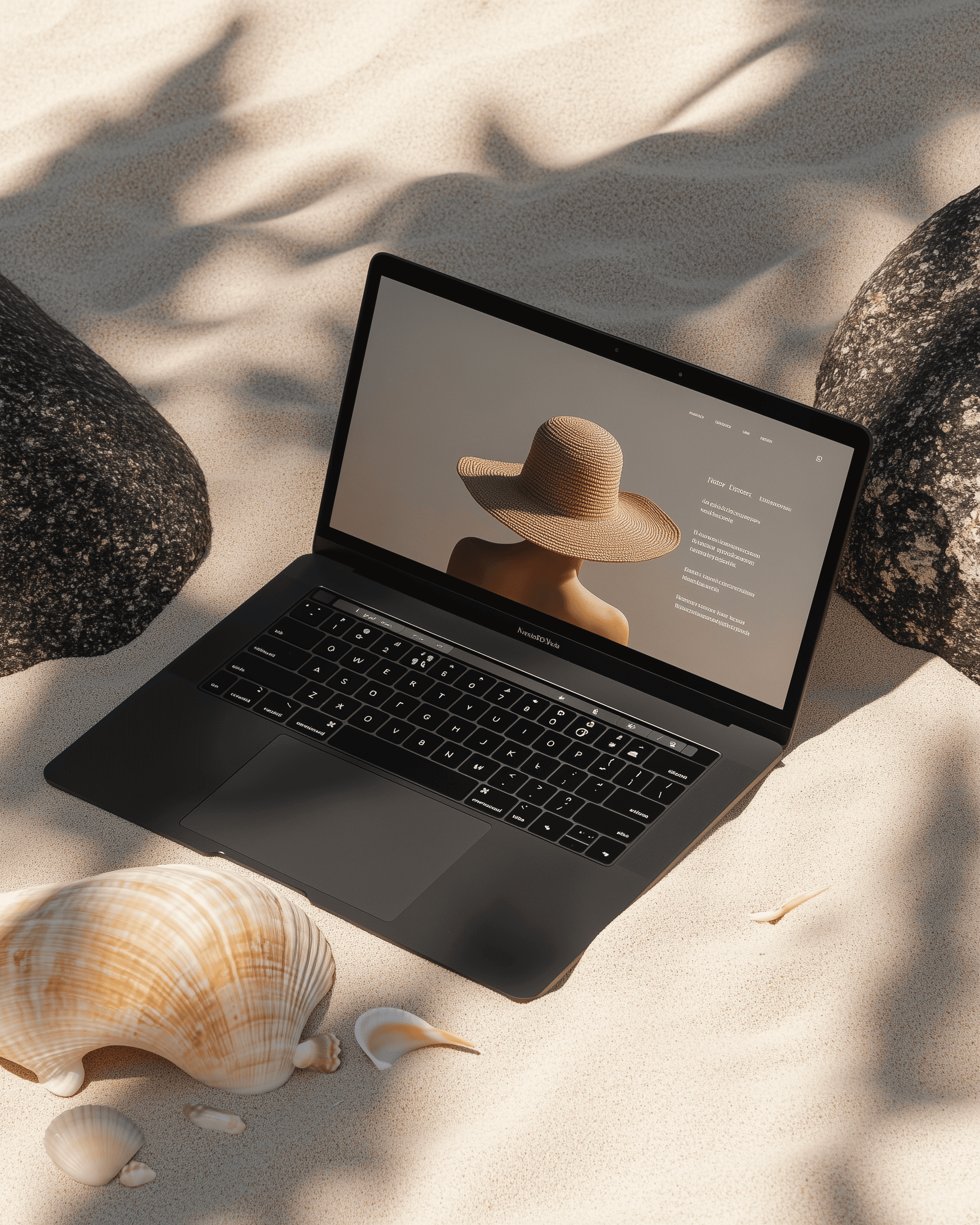 A black laptop on a sandy beach surrounded by seashells and rocks, blending technology with a serene, natural coastal vibe.