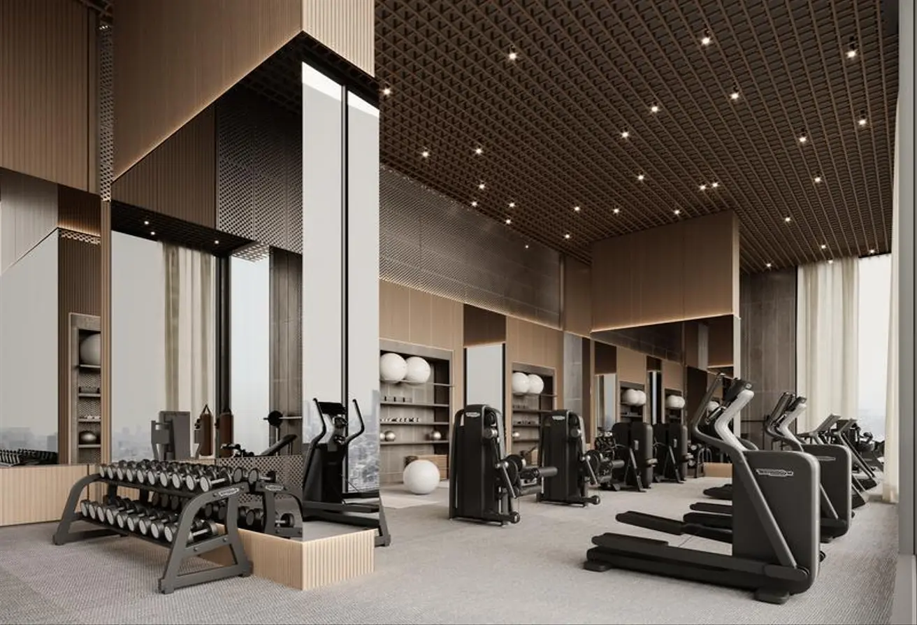 Modern fitness center with premium gym equipment inside Binghatti Skyhall, Dubai.
