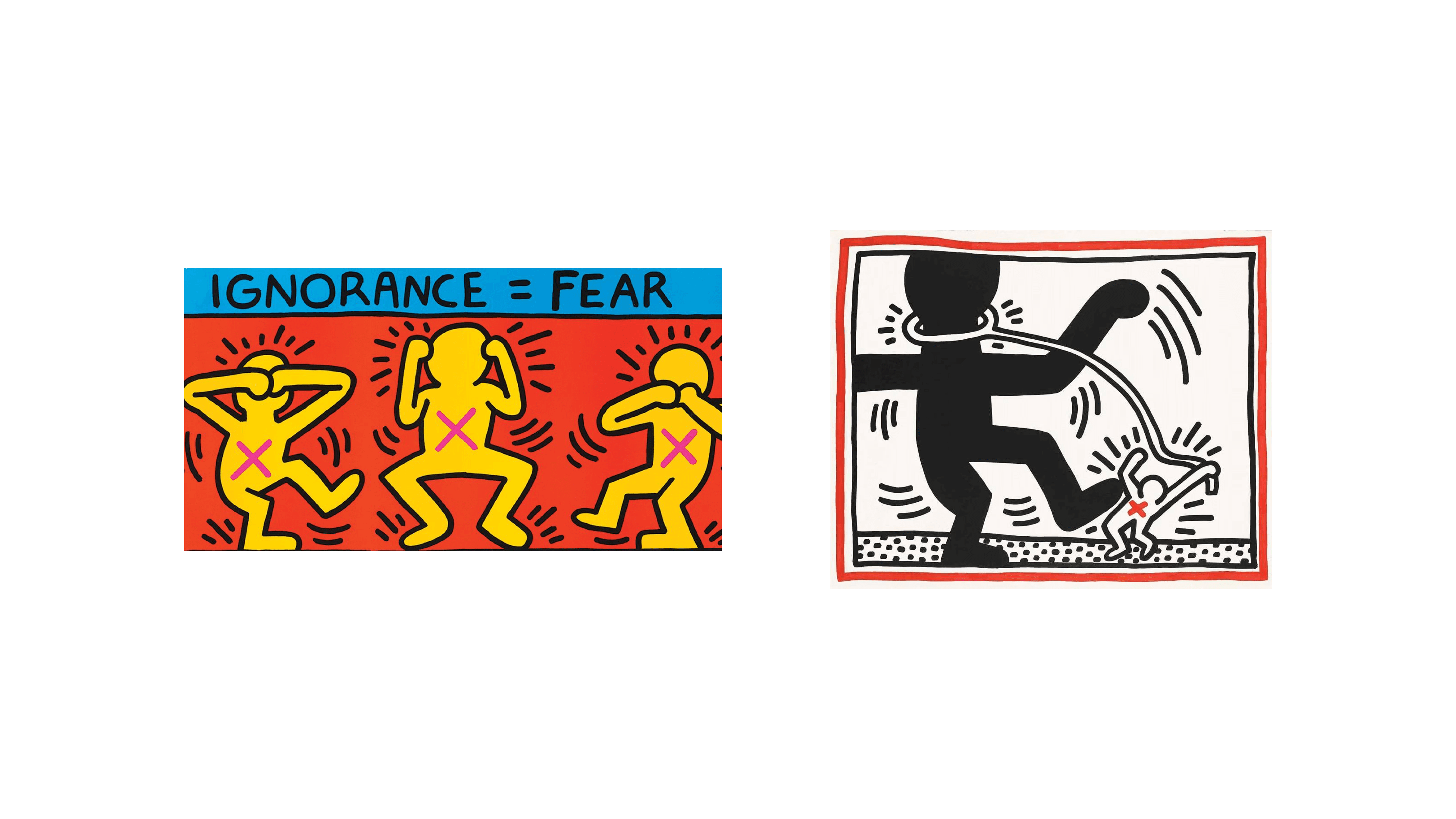 Two Keith Haring artworks show outlined figures with text and symbols addressing AIDS awareness.