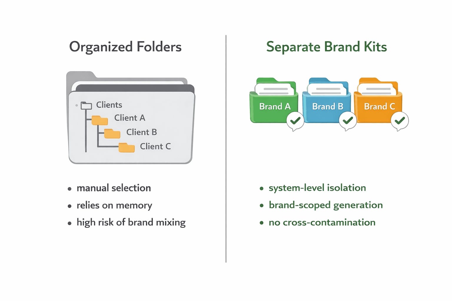 Comparison showing organized folders versus separate brand kits, highlighting how system-level brand isolation prevents cross-client brand mixing.