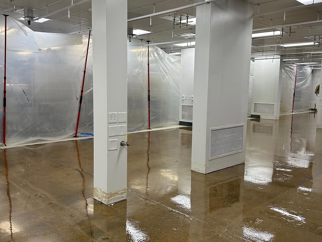 Slab washed down after grinding in an equipment room