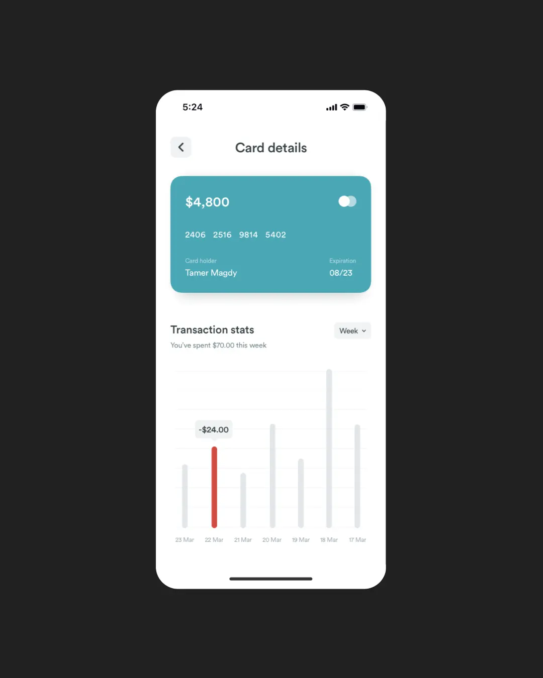 A screenshot of cashless card details screen