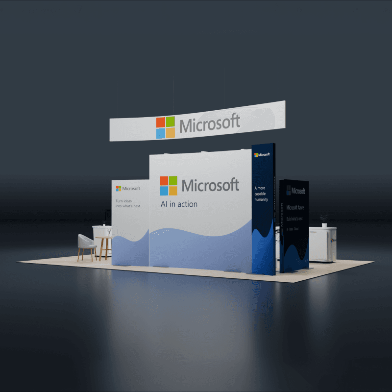 20x30 technology trade show booth with branded workstations, lead capture, and open island flow