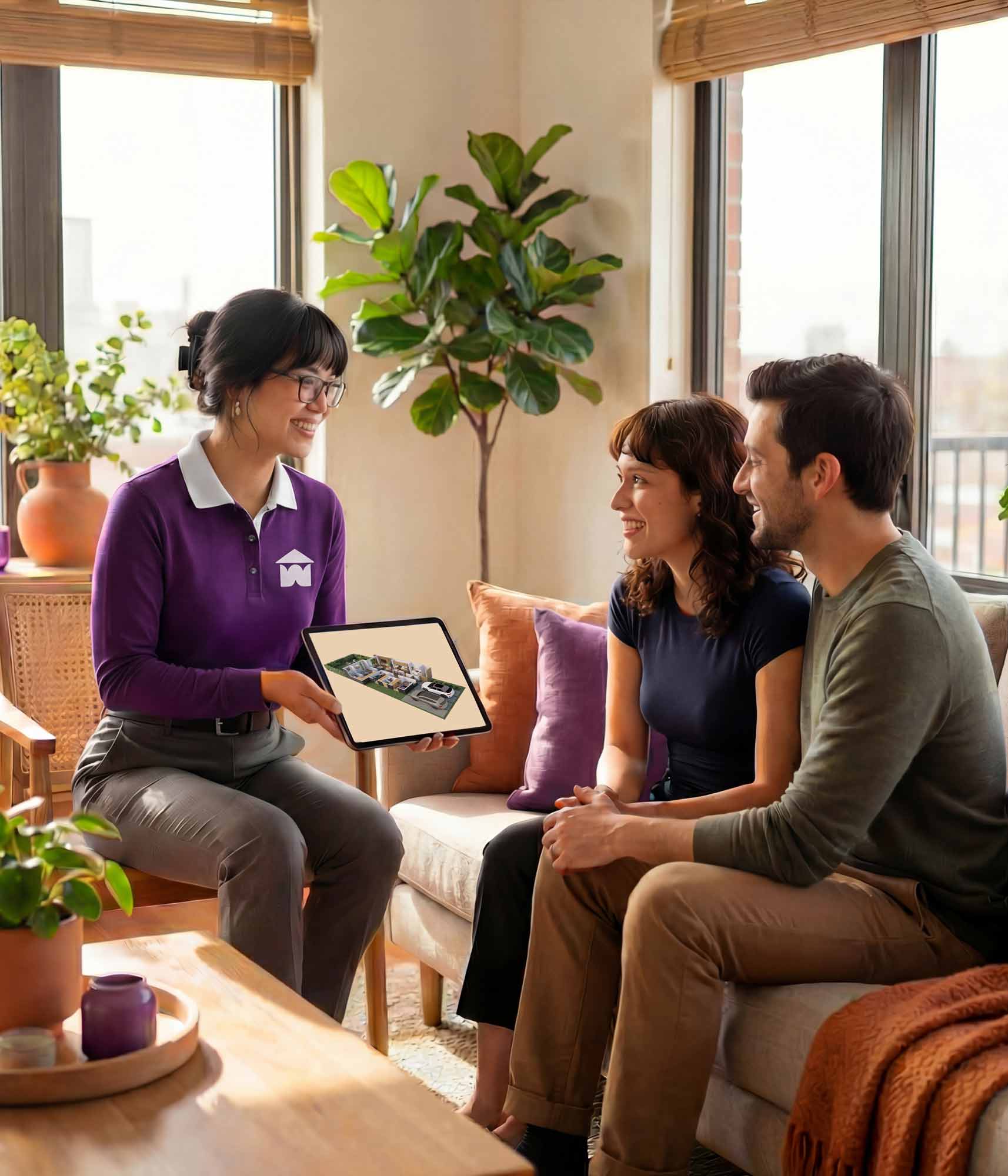 A Welhome worker showing a couple their property on an ipad