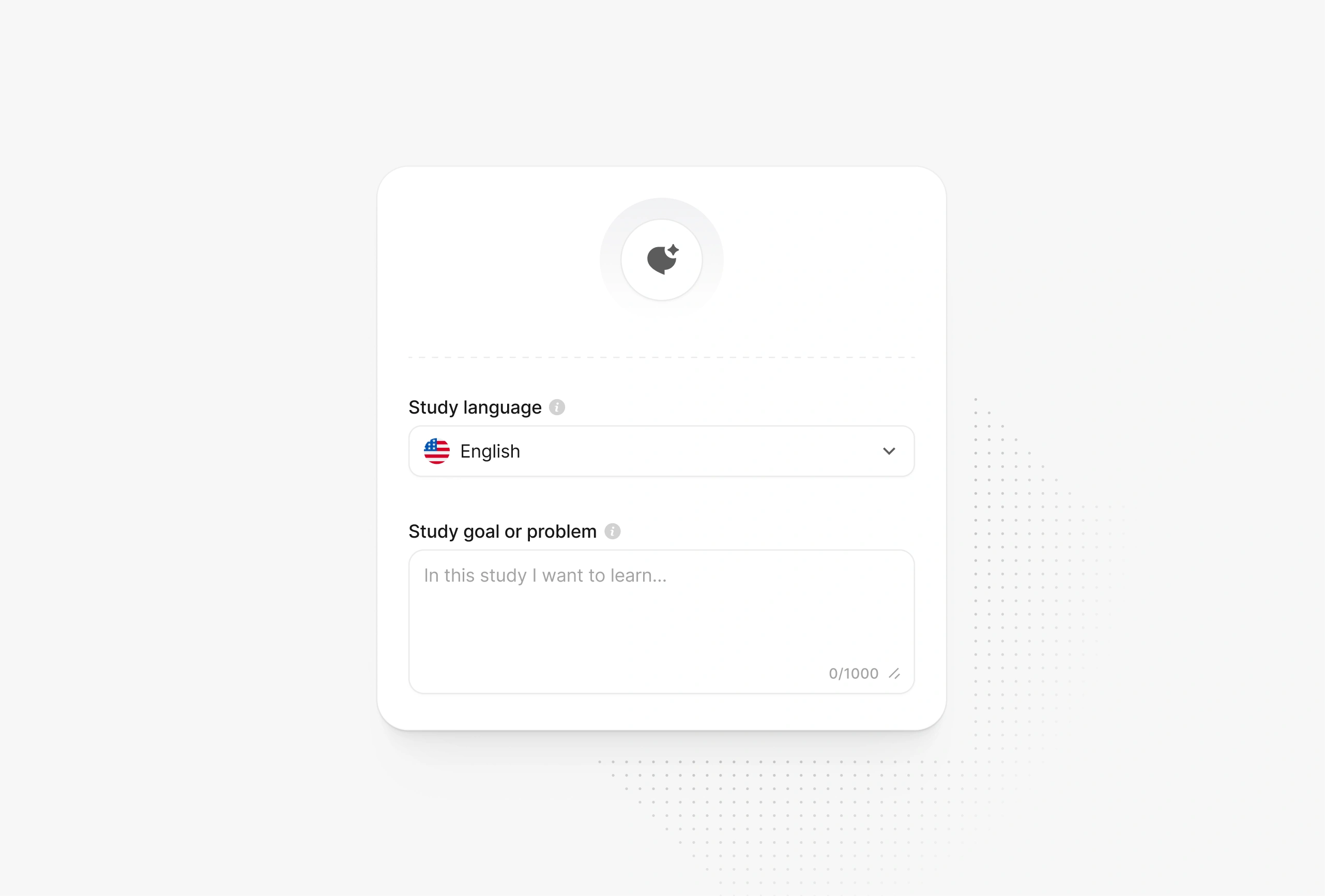 Askiva setup screen with a study language dropdown set to English and a text box to describe the study goal or problem.
