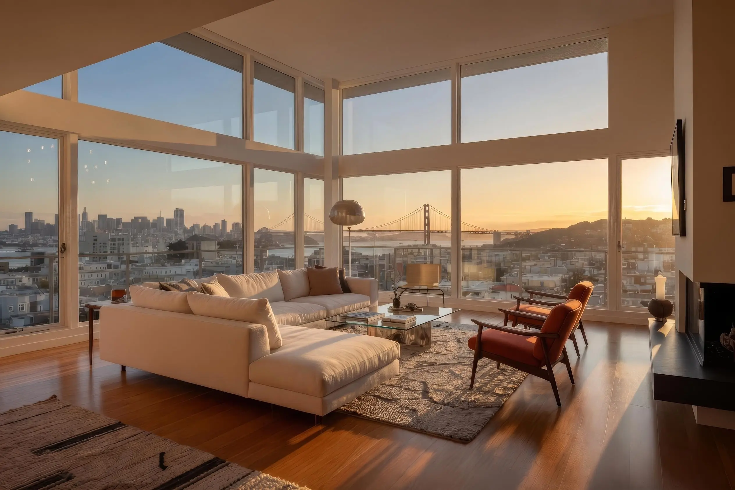 Living room with floor-to-ceiling windows and a city view at sunset