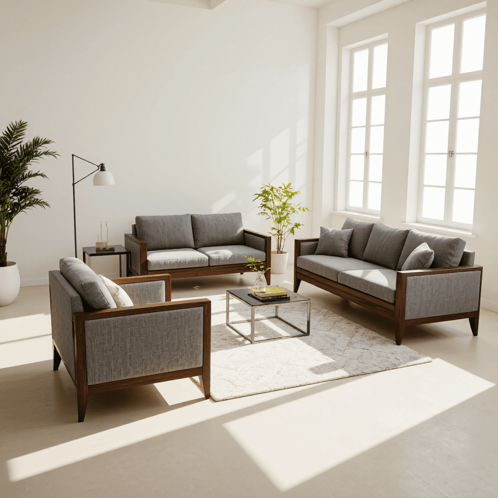 product photography of a set of modern living room furniture including a sofa, two armchairs, and a coffee table