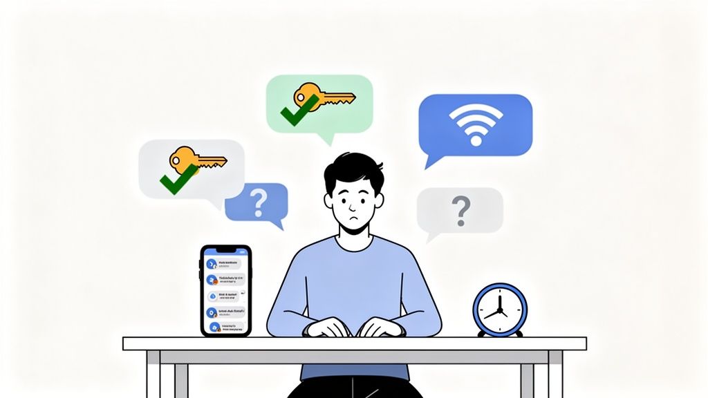 A concerned person at a desk with a phone and clock, contemplating keys, Wi-Fi, and unanswered questions.