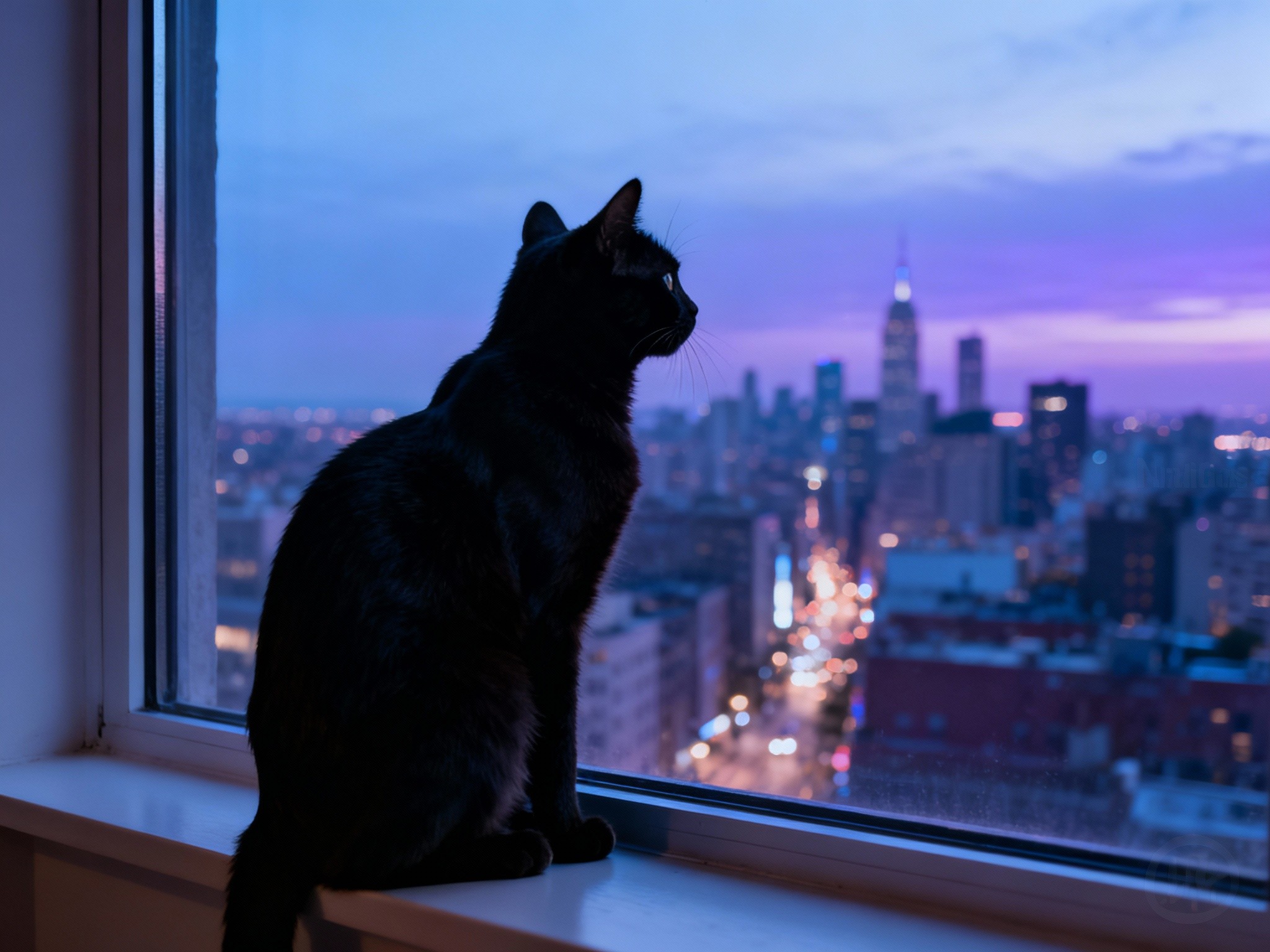 An editorial-style photograph of a sleek black cat perched on a windowsill overlooking a bustling