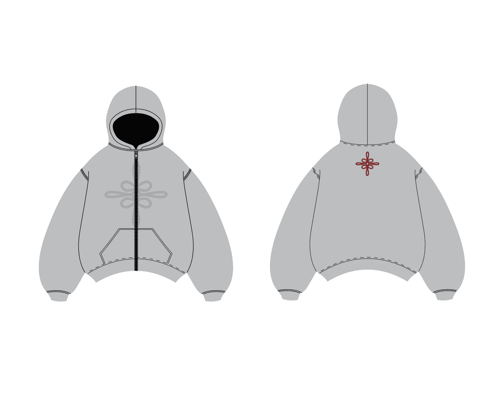 Grey hoodie technical design front and back