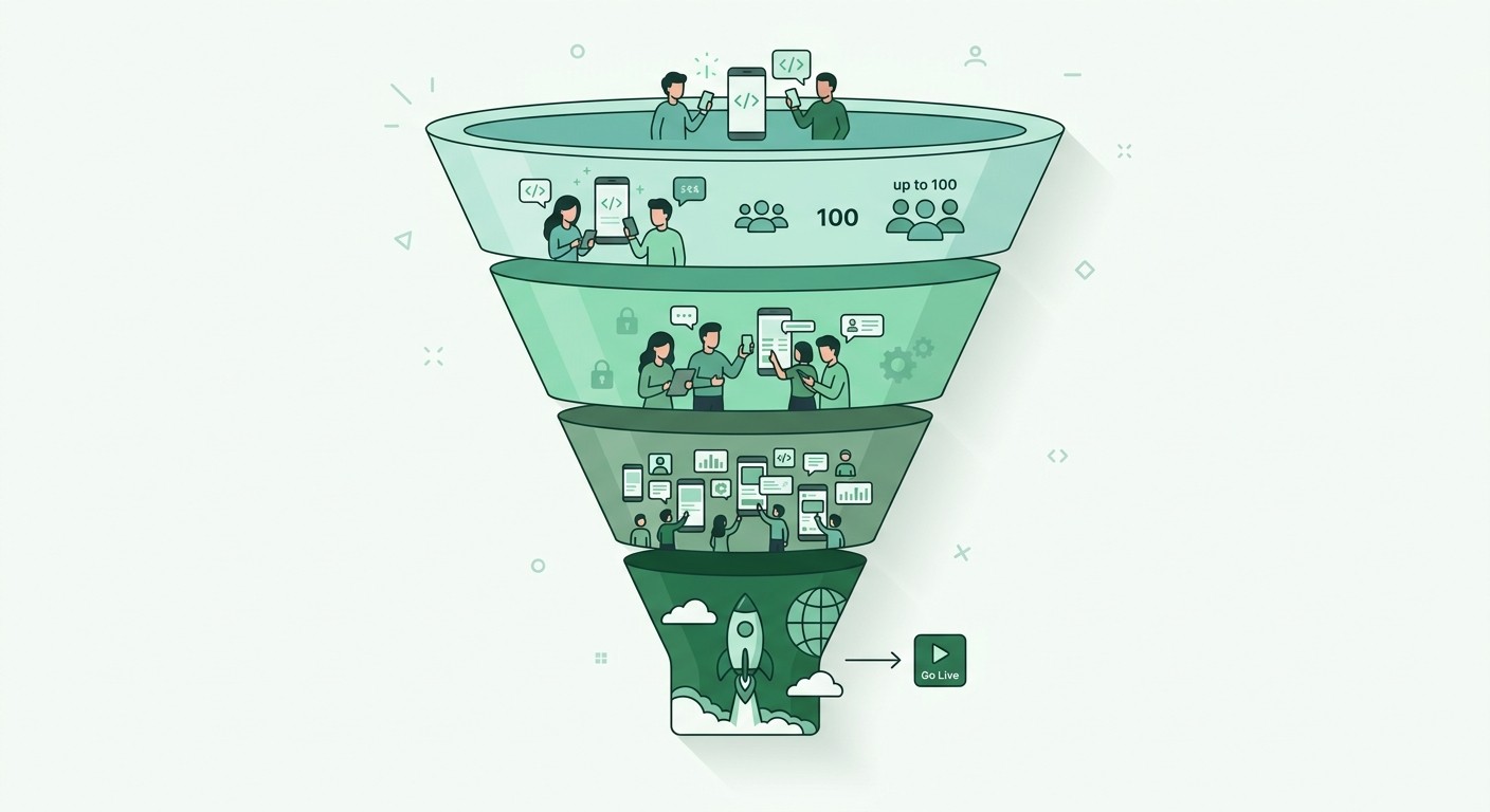 Funnel diagram showing the Google Play testing flow from Internal Testing to Closed Testing to Open Testing to Production.