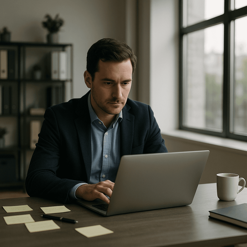 Manager studying AI Fluency Framework on laptop screen