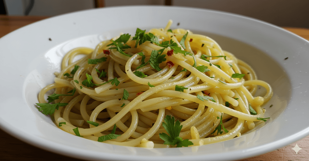 a bowl of pasta noodles with an olive oil and garlic sauce
