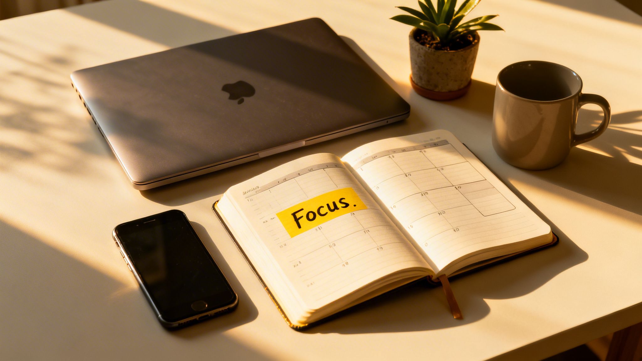 A warm-lit desk with a laptop, open planner with 'Focus.', phone, plant, and mug.