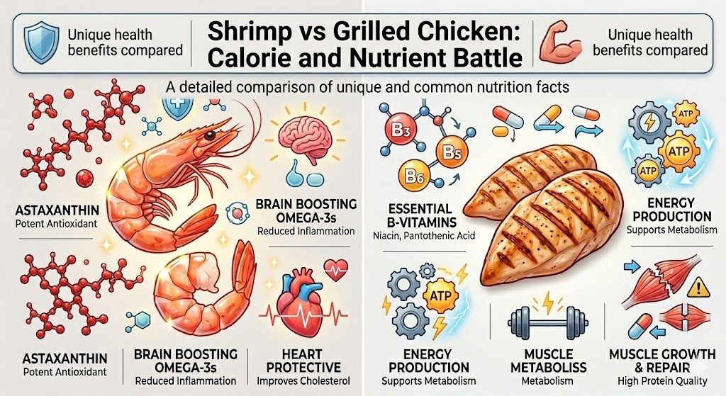 An infographic comparing the health benefits of shrimp and grilled chicken. The left side features shrimp with astaxanthin molecules and icons for brain and heart health. The right side features grilled chicken breast with vitamin B icons and graphics for energy production and muscle growth.