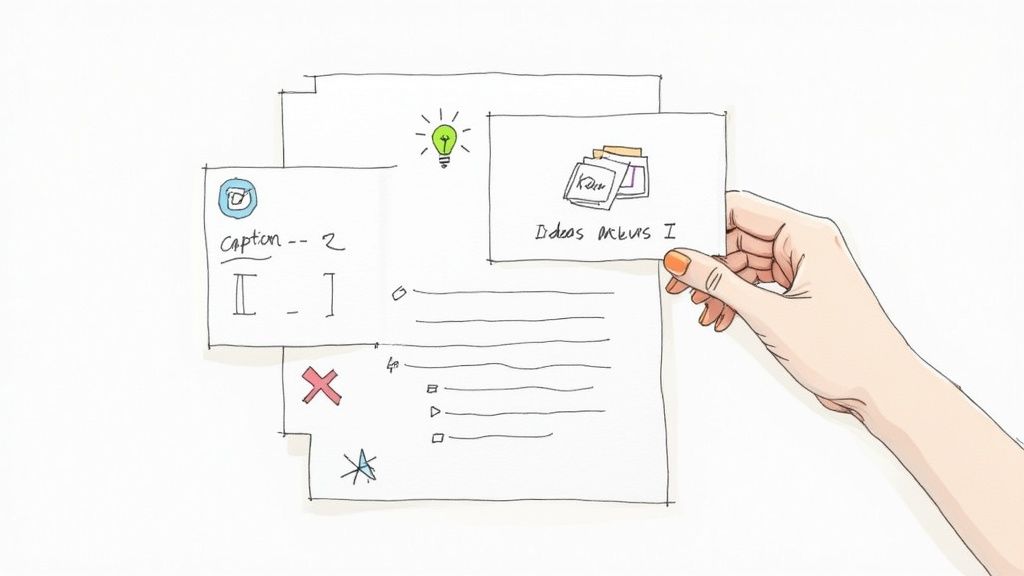 An illustration of a hand placing a content idea card onto a planning document with various notes.