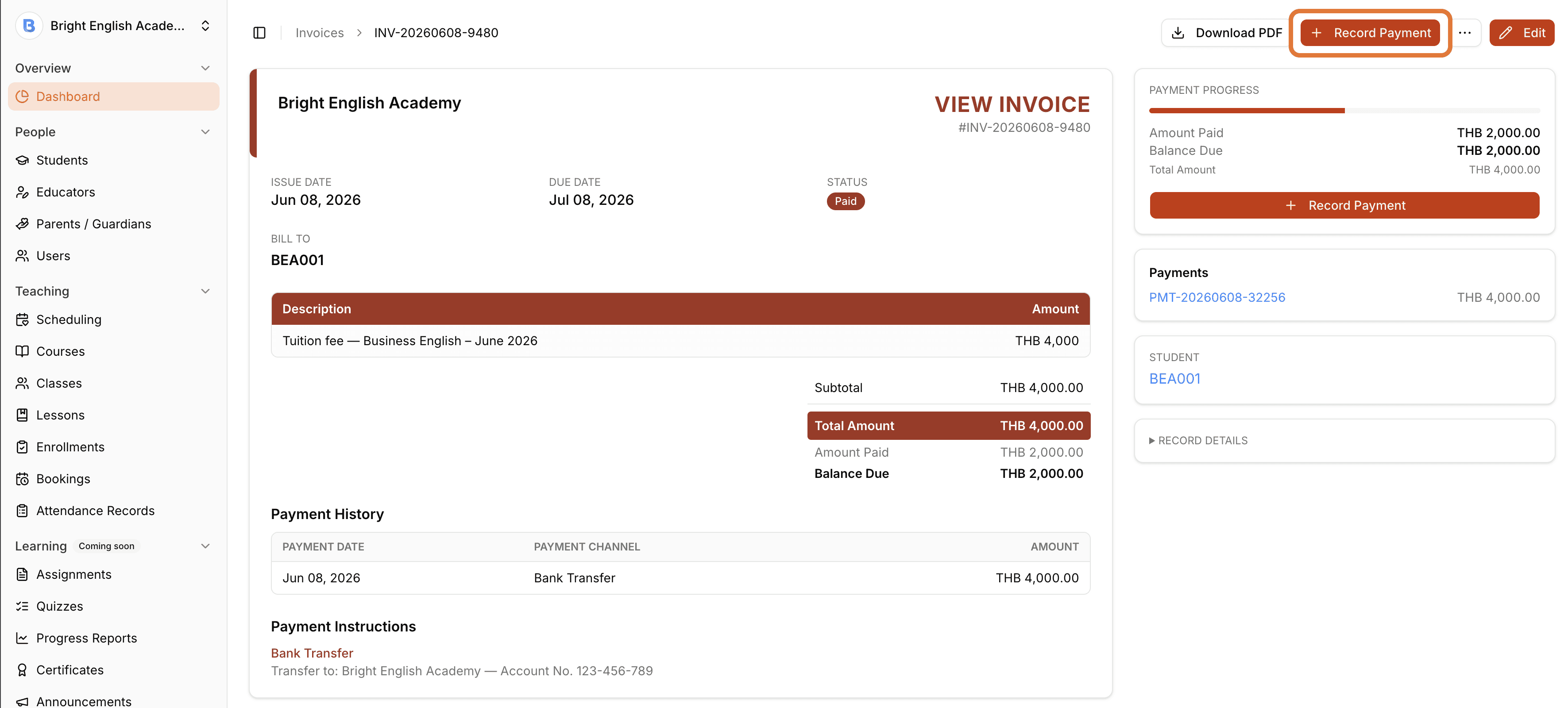 Invoice record payment form