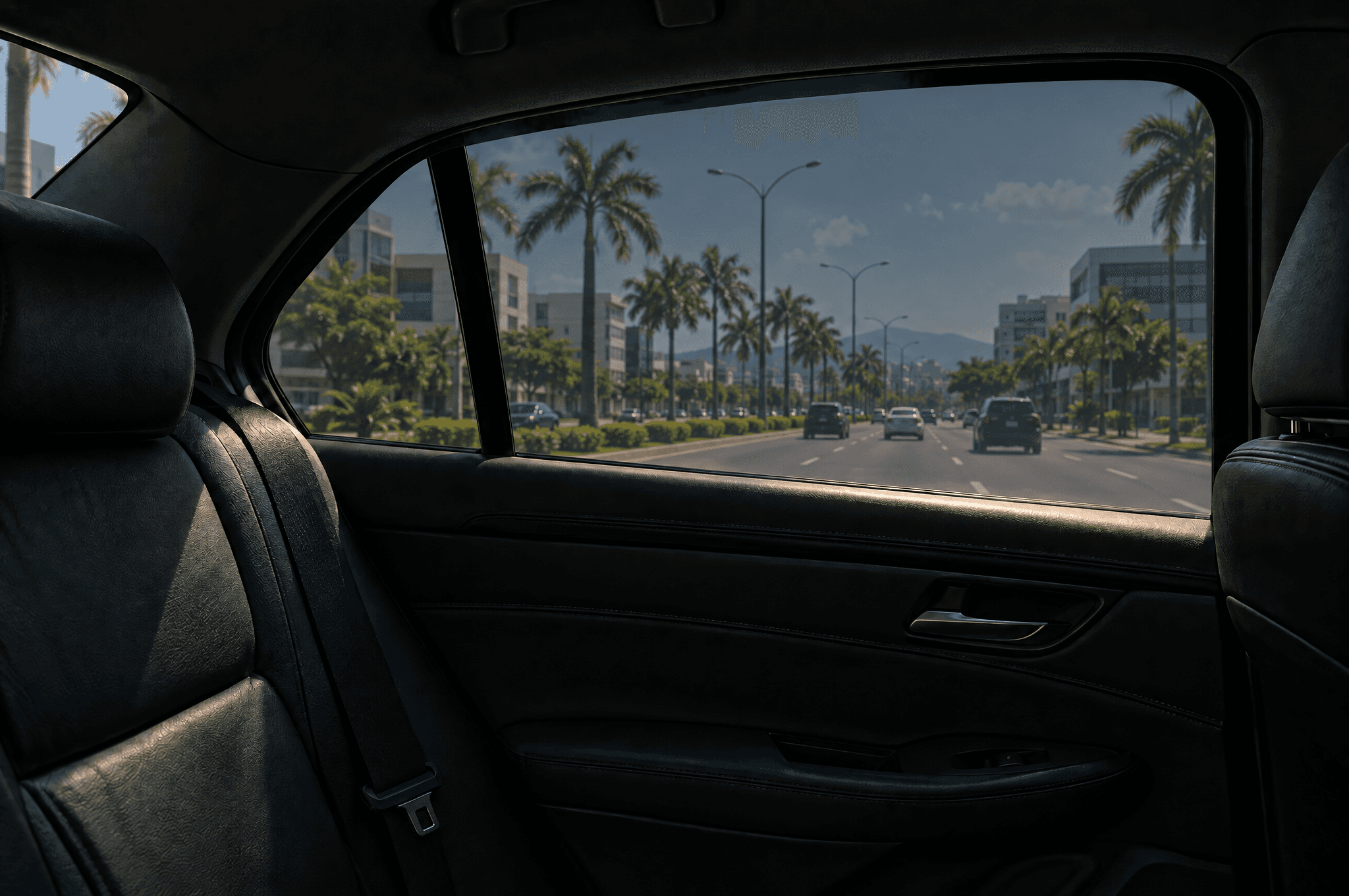 Asiento trasero de cuero negro y ventana con polarizado nano cerámico, avenida soleada afuera