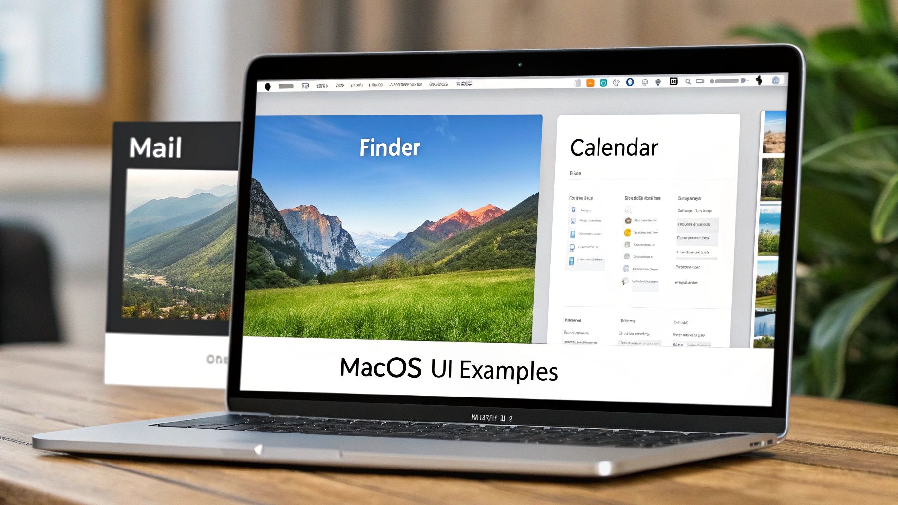 A MacBook Pro displays macOS UI examples for Finder and Calendar, with a Mail card behind it on a wooden desk.