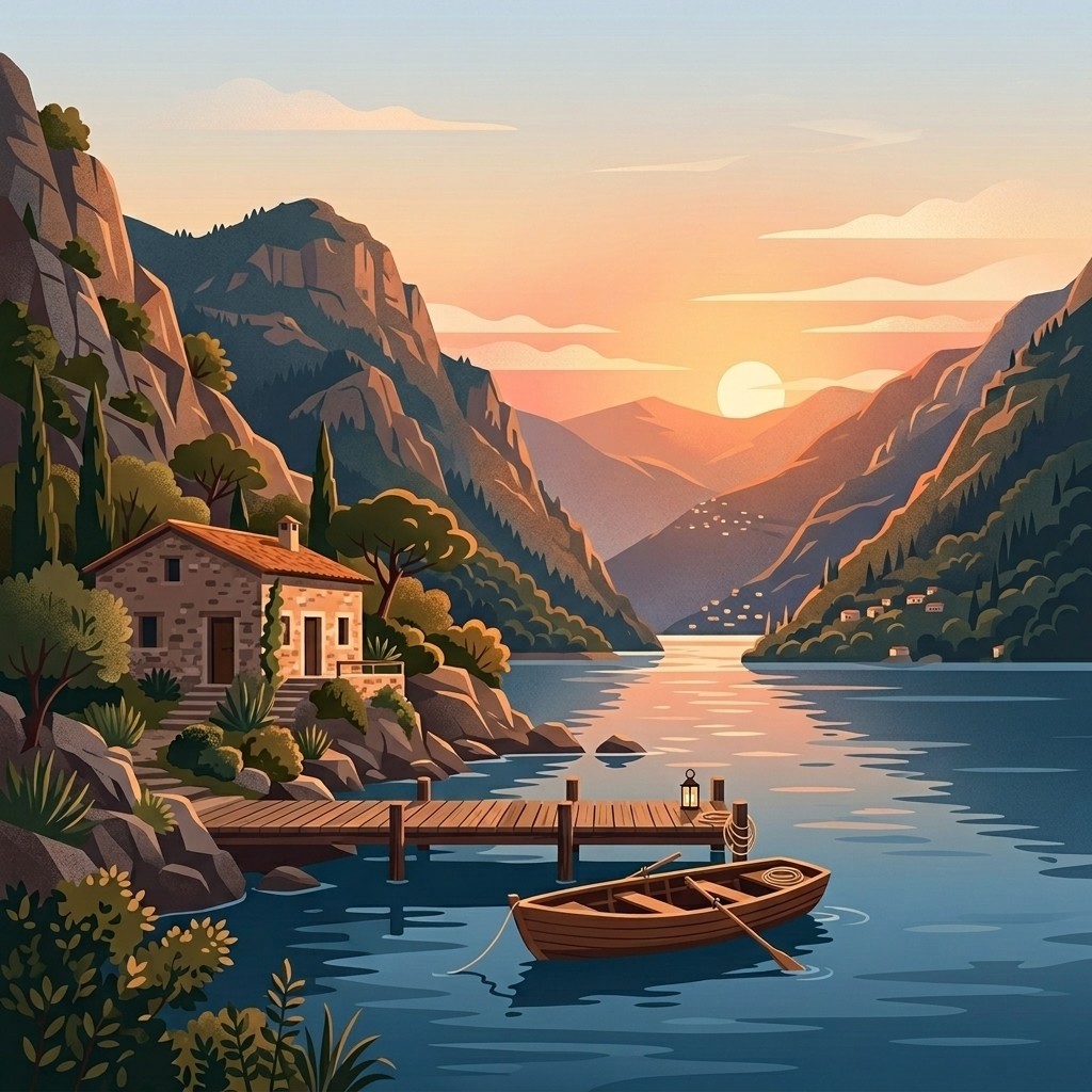 Stylized digital illustration of a serene, roadless shore on Lake Lugano, featuring a rustic stone cottage built into the mountainside, a wooden boat dock, and a small rowing boat floating on calm water at sunset.