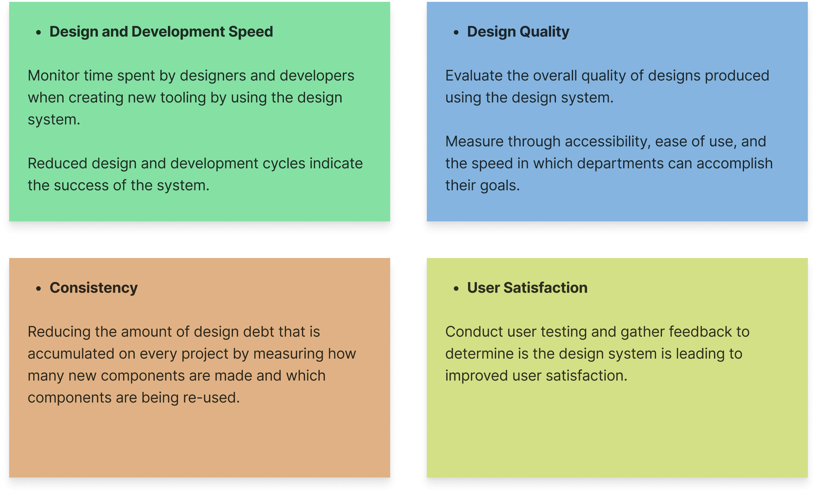 Consistency, efficiency, user satisfaction, design quality