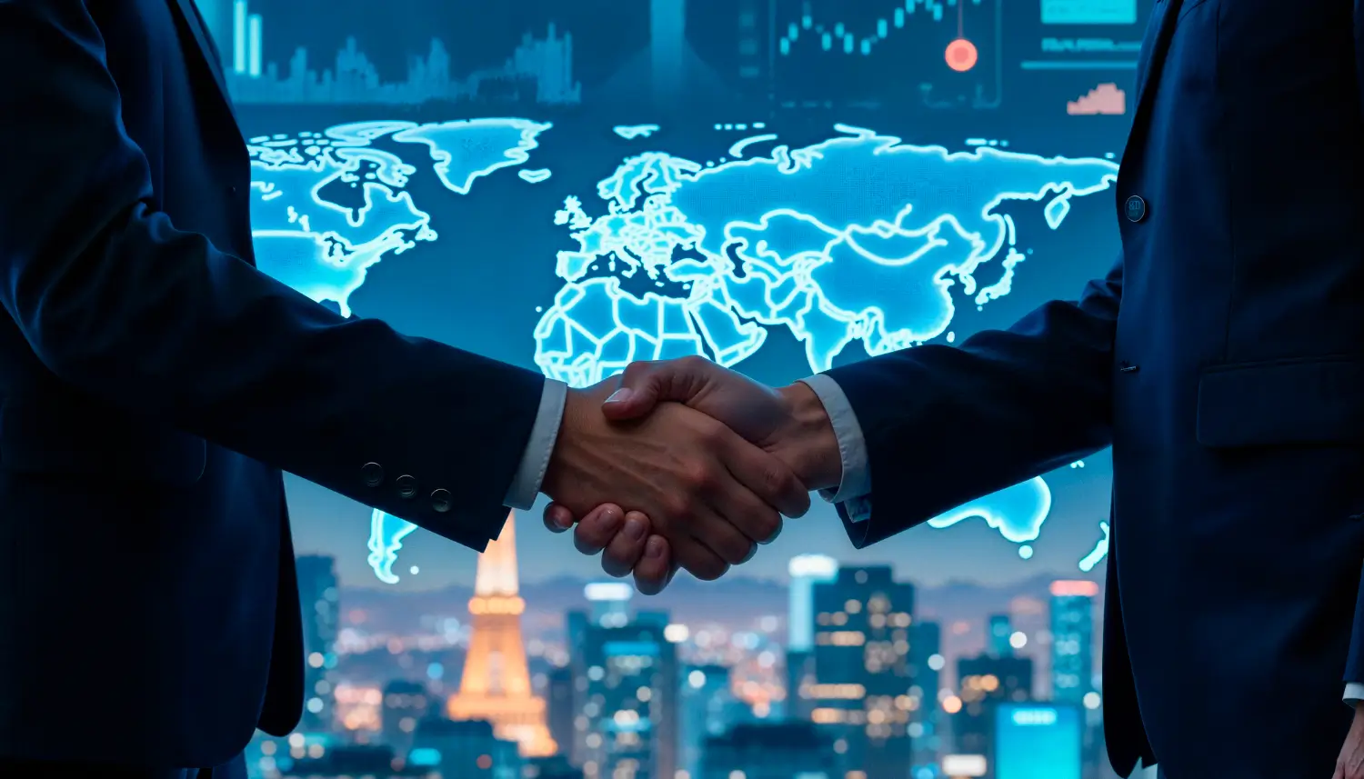 Dünya haritası arka planında serbest ticaret anlaşması yapan iş insanları