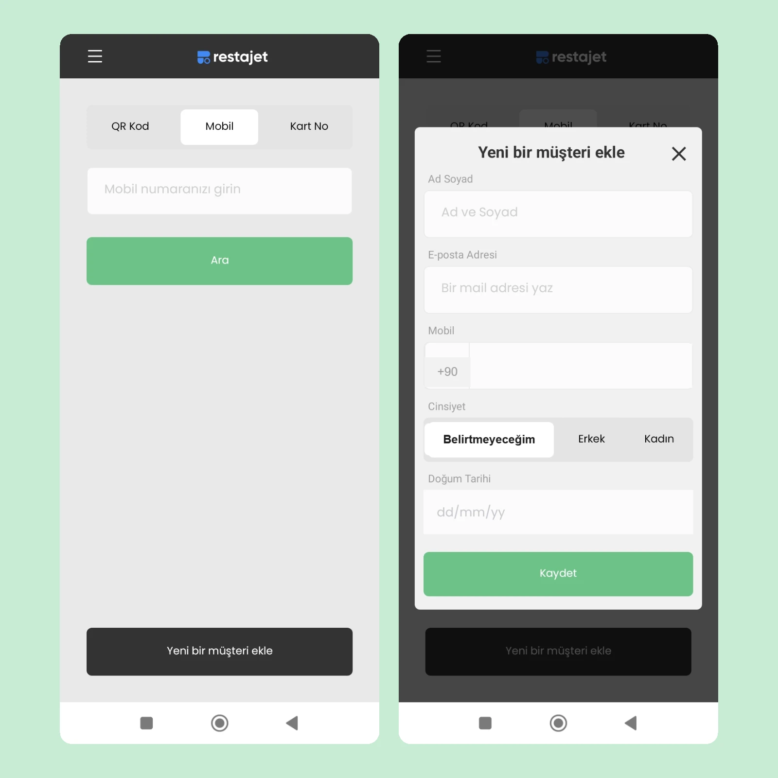 Restajet kasiyer uygulamasında müşteriyi telefon, QR veya kart numarasıyla bulma ve yeni müşteri ekleme ekranı