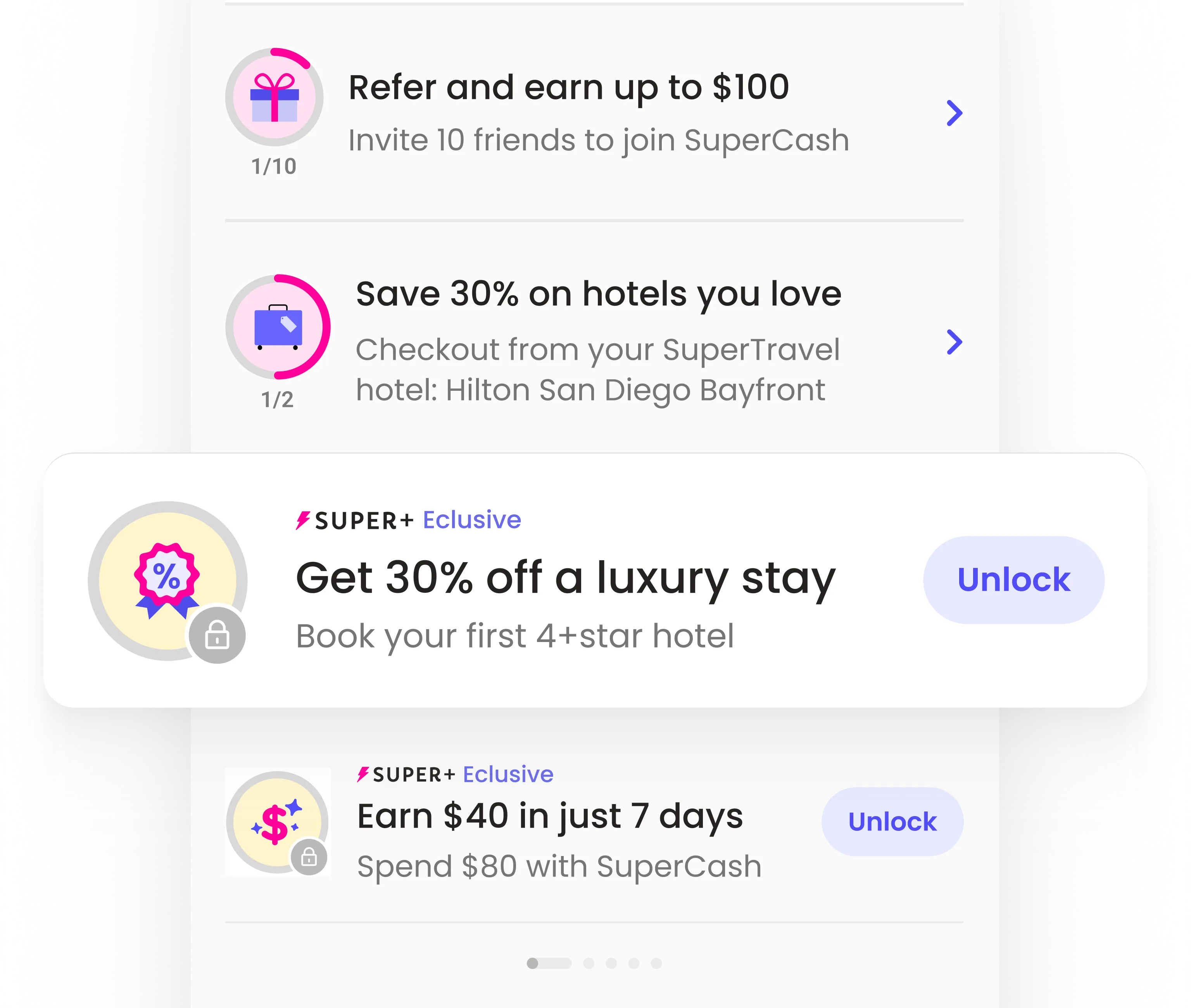 UI mockup of Super.com’s Missions showing exclusive Super+ rewards like 40% off luxury stays and $40 cashback, demonstrating how tiered missions encouraged upsells and deeper engagement.