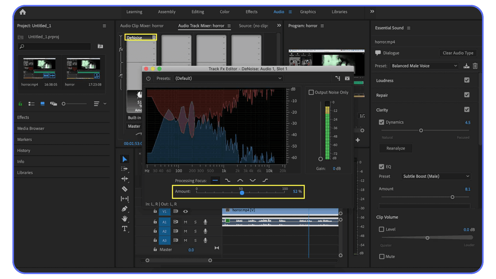 Adobe Premiere Pro audio workspace showing DeNoise effect settings applied to an audio track