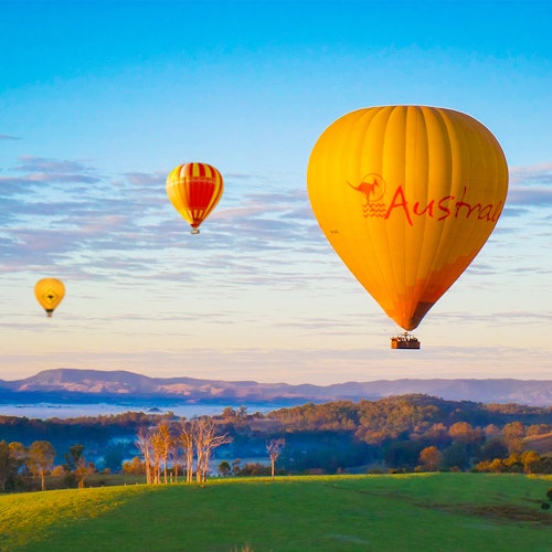 Een luchtballon zweeft boven een mistig landschap met bomen bij zonsopgang.