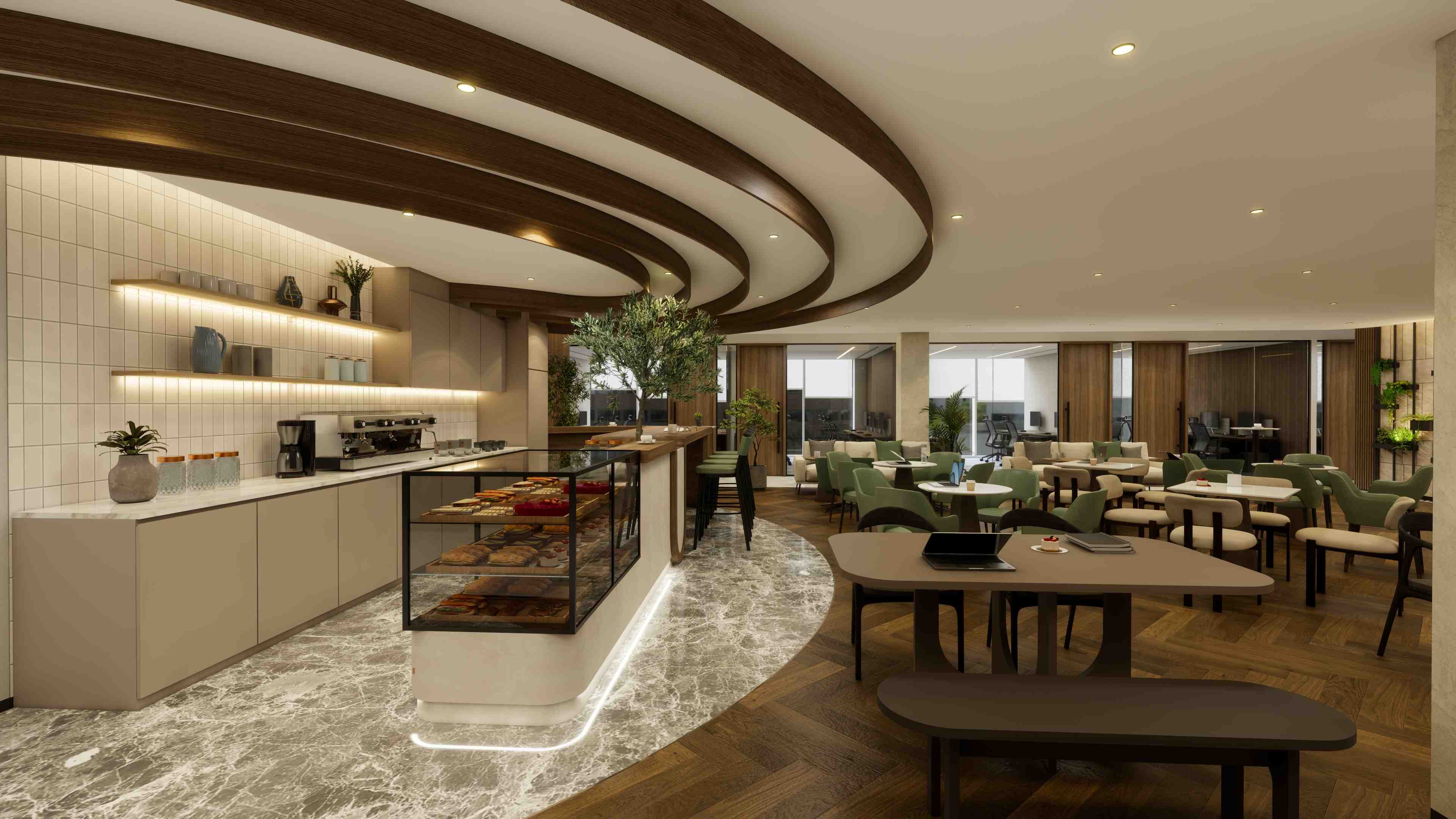 Office Square's café inside our meeting rooms in Dubai, offering a comfortable setting with lounge seating and self-service facilities.