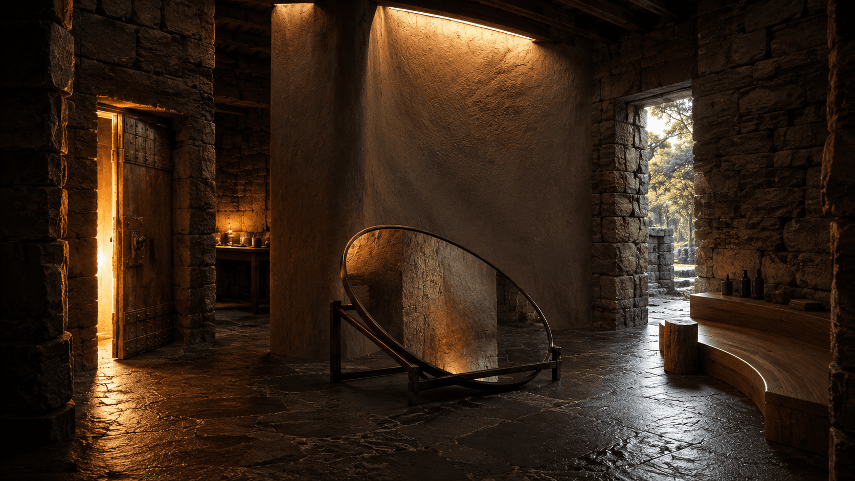 A handmade stone observatory chamber with an oval smoked-glass observation plane, an oak bench, warm Workshop light, and an open return toward daylight.