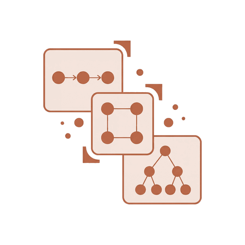 Three blueprint modules in sequence showing different workflow patterns