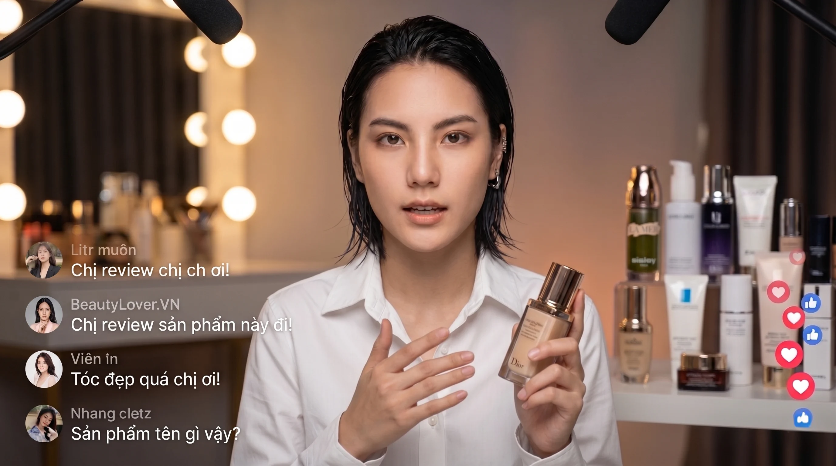 Close-up of a beauty influencer holding a luxury foundation bottle and explaining product details.