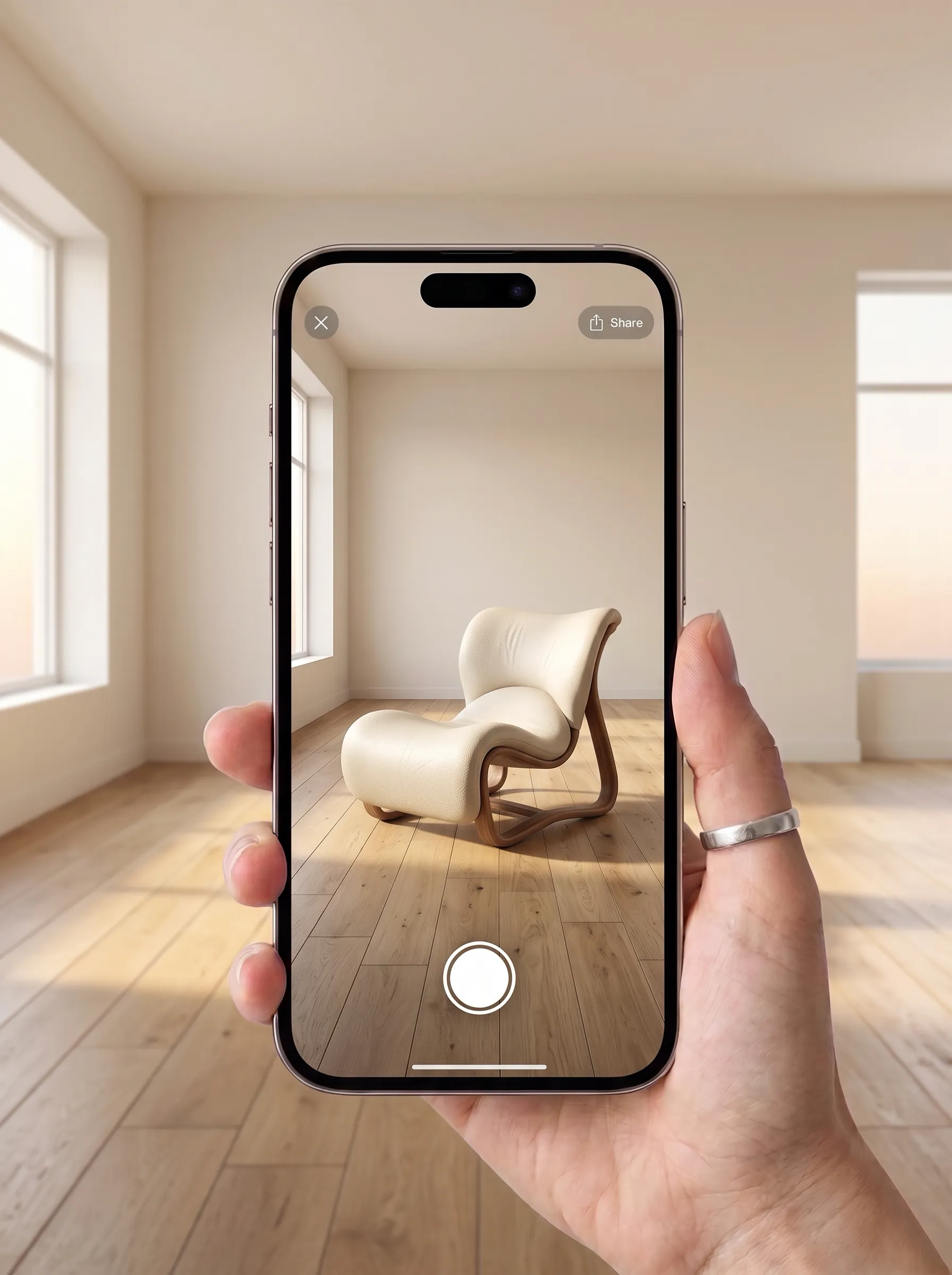 Designer using a smartphone to preview a patterned wall finish