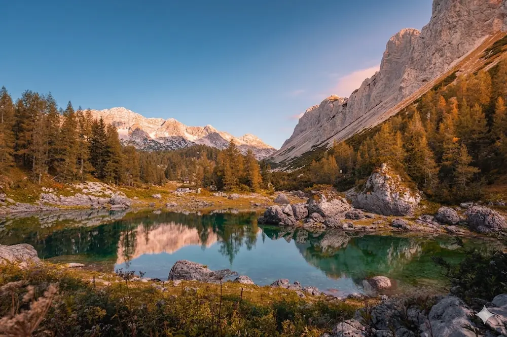 An evening view over the Triglav Lakes Valley in Triglav National Park, Slovenia