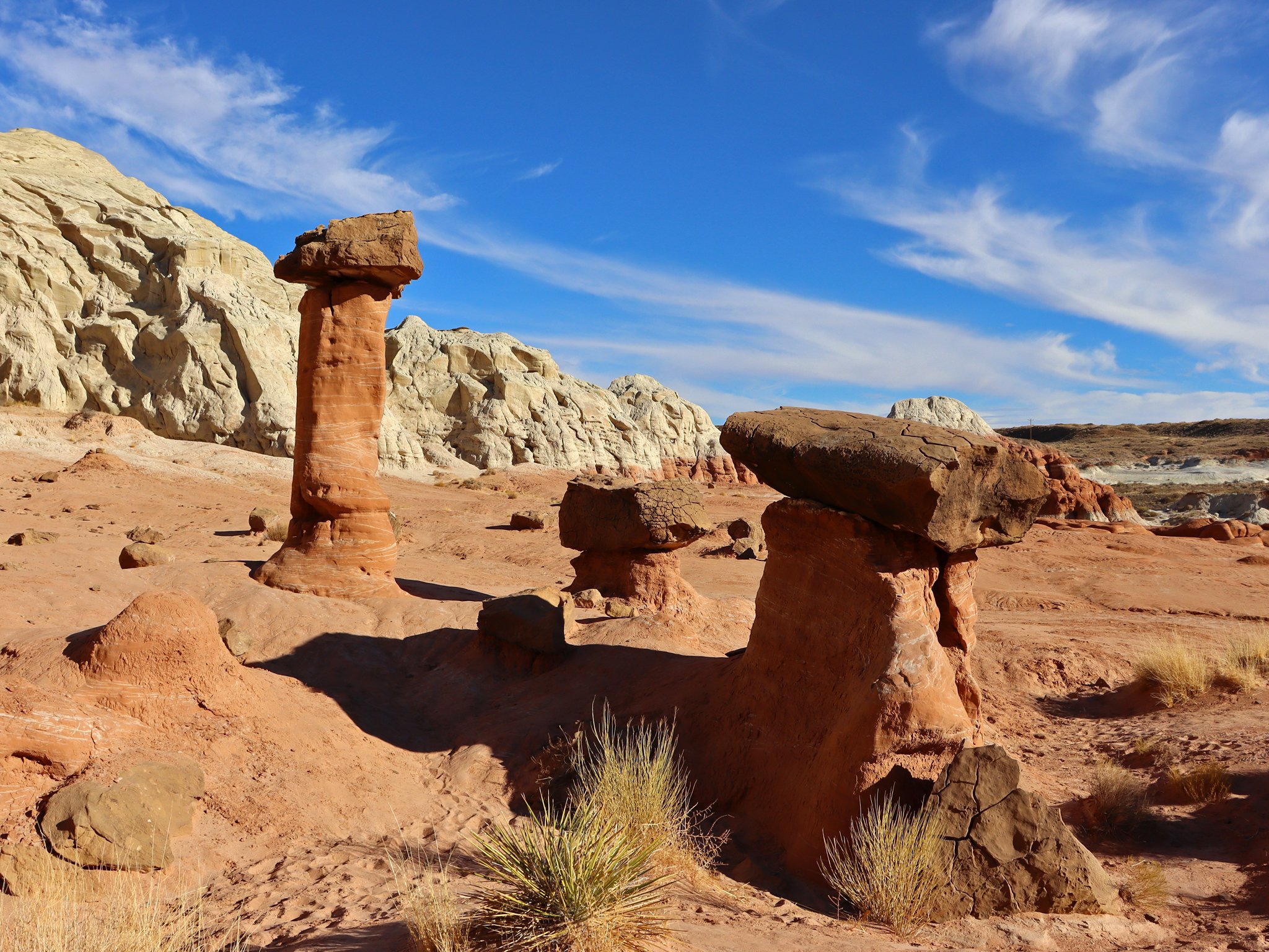 Toadstool hoodoos near the Paria Rimrocks in Grand Staircase-Escalante National Monument, dark brown capstones balanced on pillars of orange sandstone, with pale white cliffs and a bright blue sky behind.