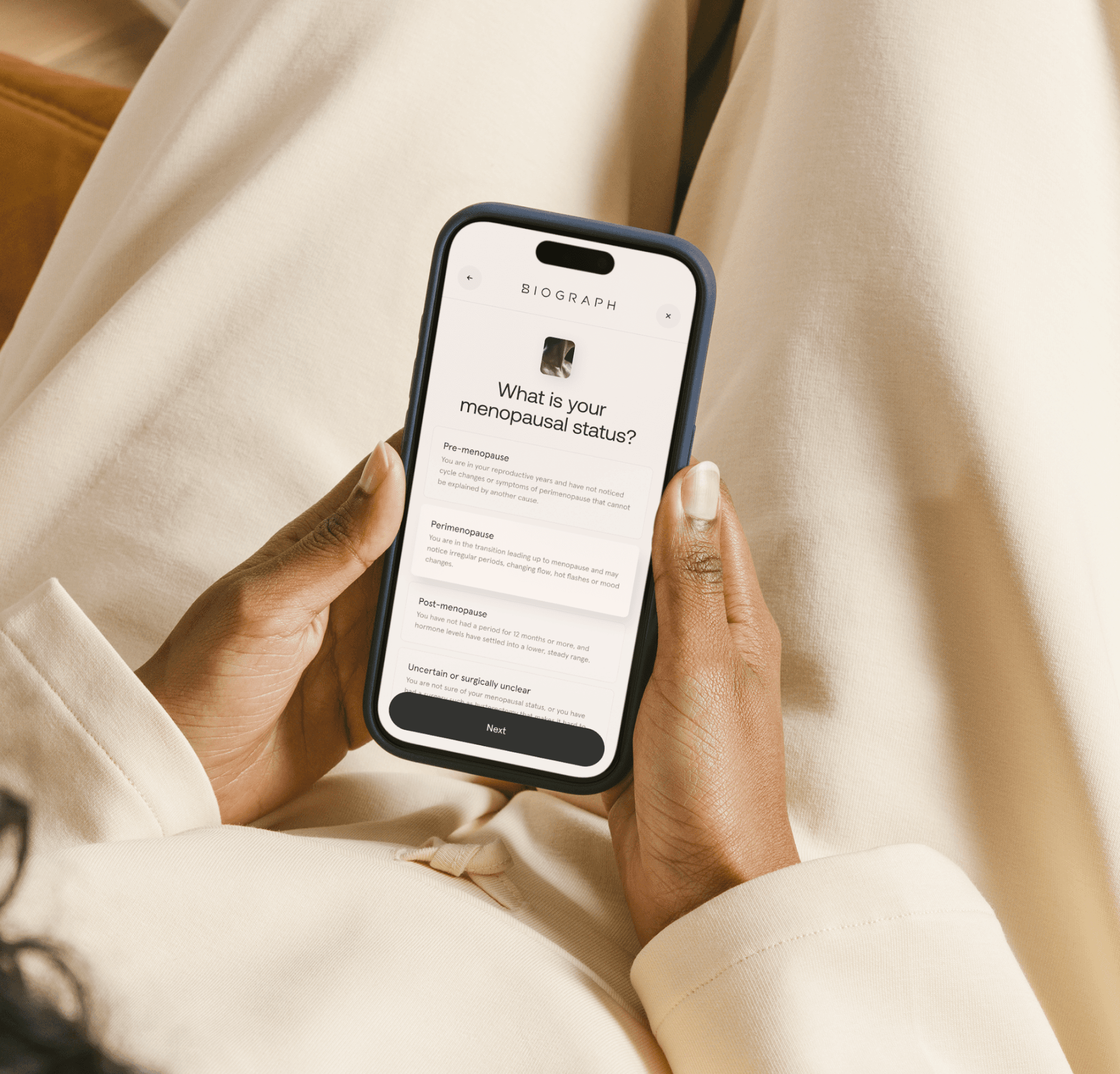 Biograph mobile app displaying a women’s health history questionnaire.