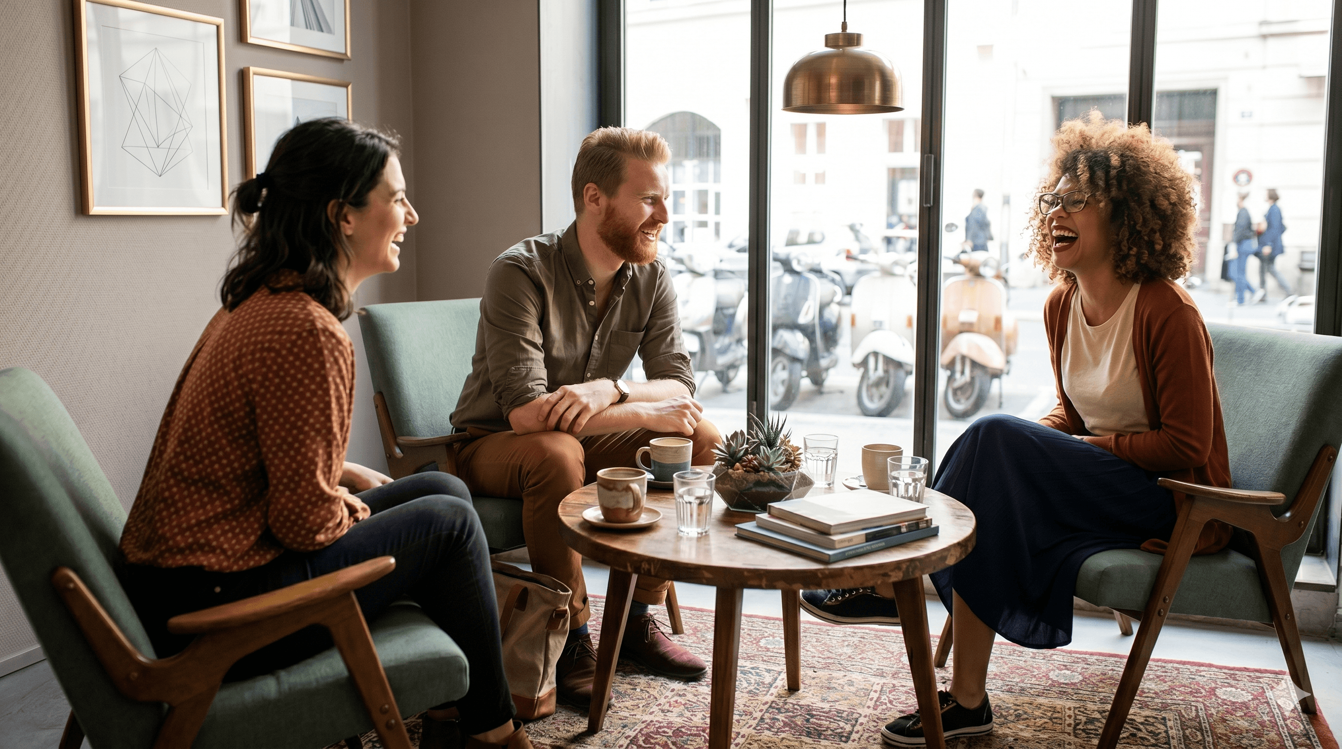 A small group of colleagues having an informal business meeting and laughing in a bright, stylish office lounge.