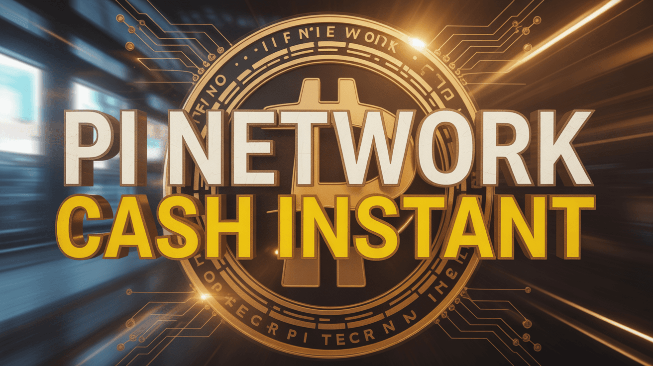 Pi Network coin symbol with Cash Instant text, golden light burst, and digital circuit background