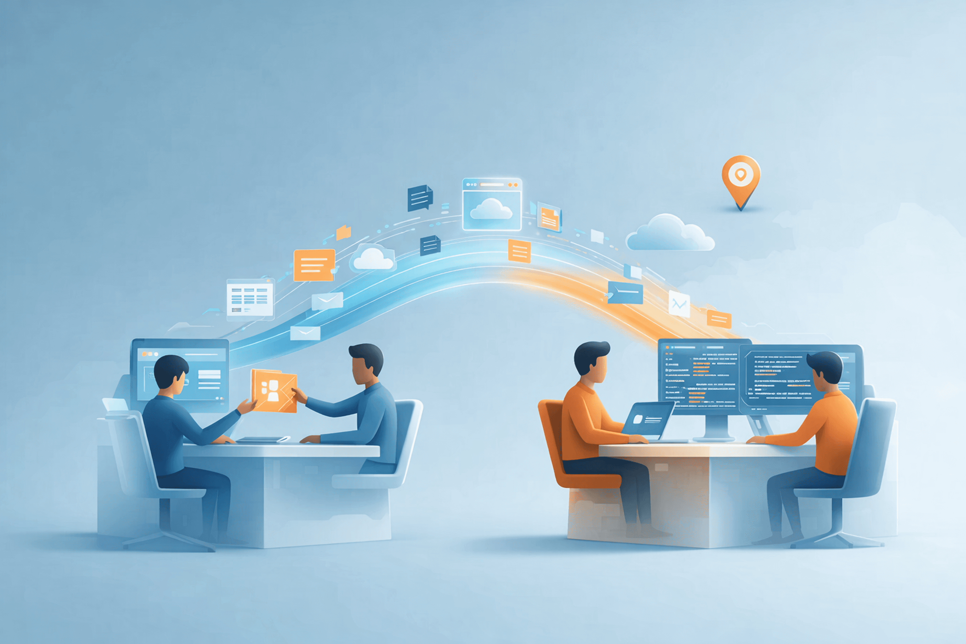 Illustration of seamless 24/7 global collaboration between a Western startup and an Indian development team.