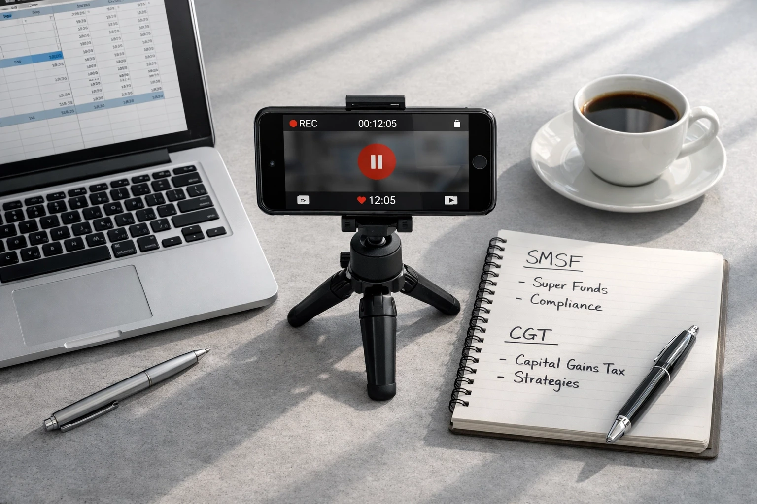 Melbourne accountant desk setup with smartphone ready to record tax and SMSF video content