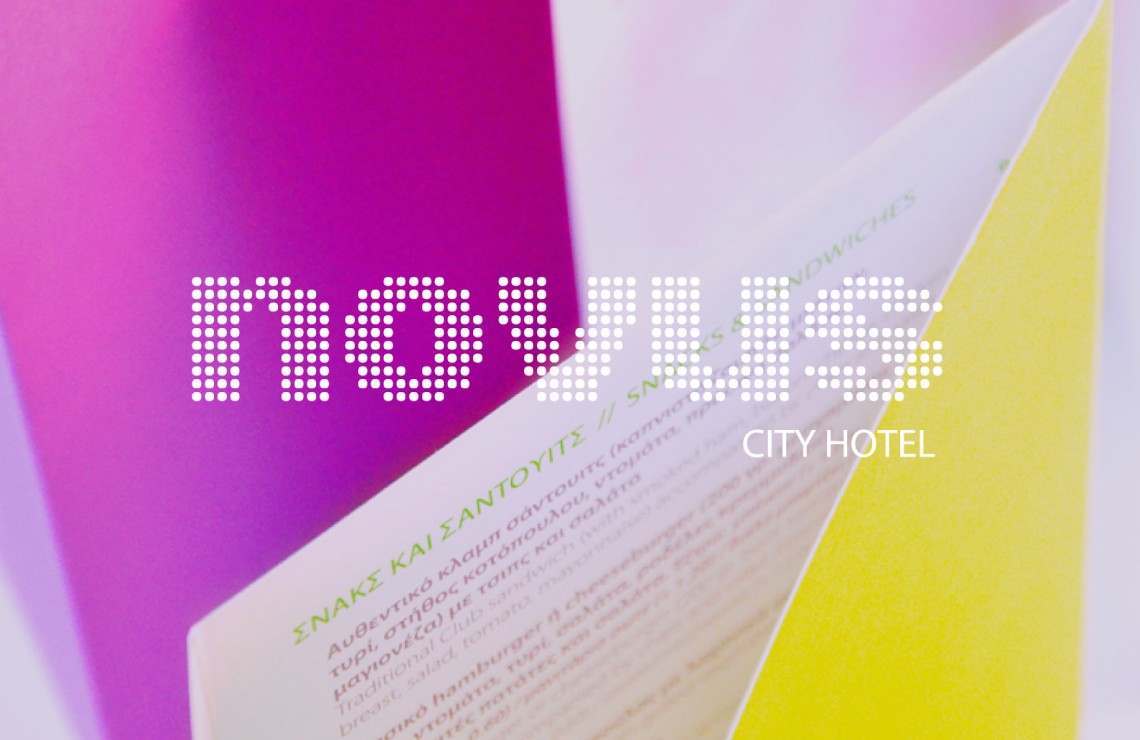 Application of the Novus City Hotel identity on a restaurant catalogue with a bold color palette