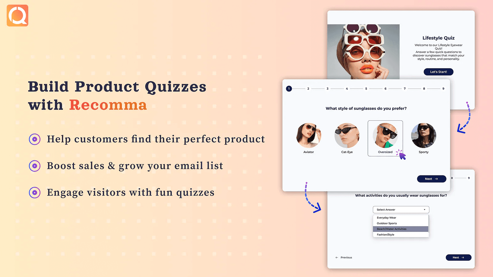Recomma quiz builder showing a lifestyle quiz for sunglasses with image-based answer choices for different frame styles