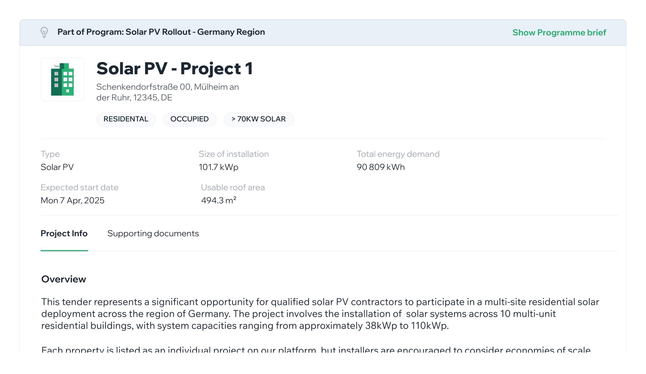 Solar PV Project brief showing project details including 101.7 kWp installation size, 90,809 kWh energy demand, and 494.3 m² roof area for a residential property in Germany