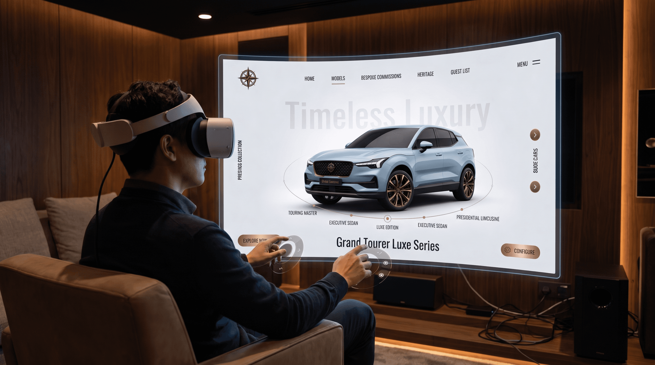 Customer experiencing an automotive digital twin of a car in an in-showroom virtual reality demo