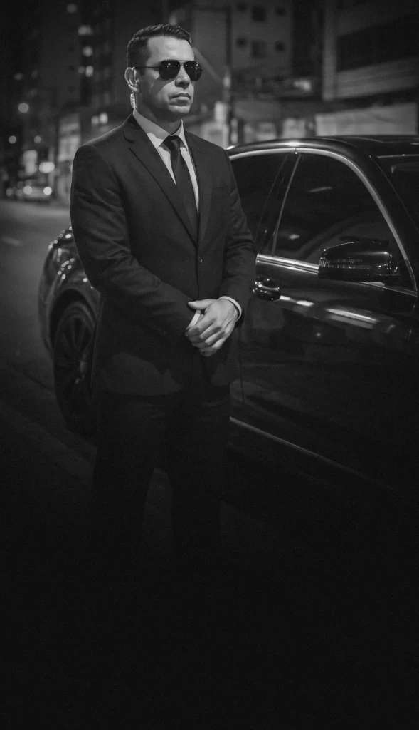 Homem segurança pessoal em pé ao lado de uma carro.